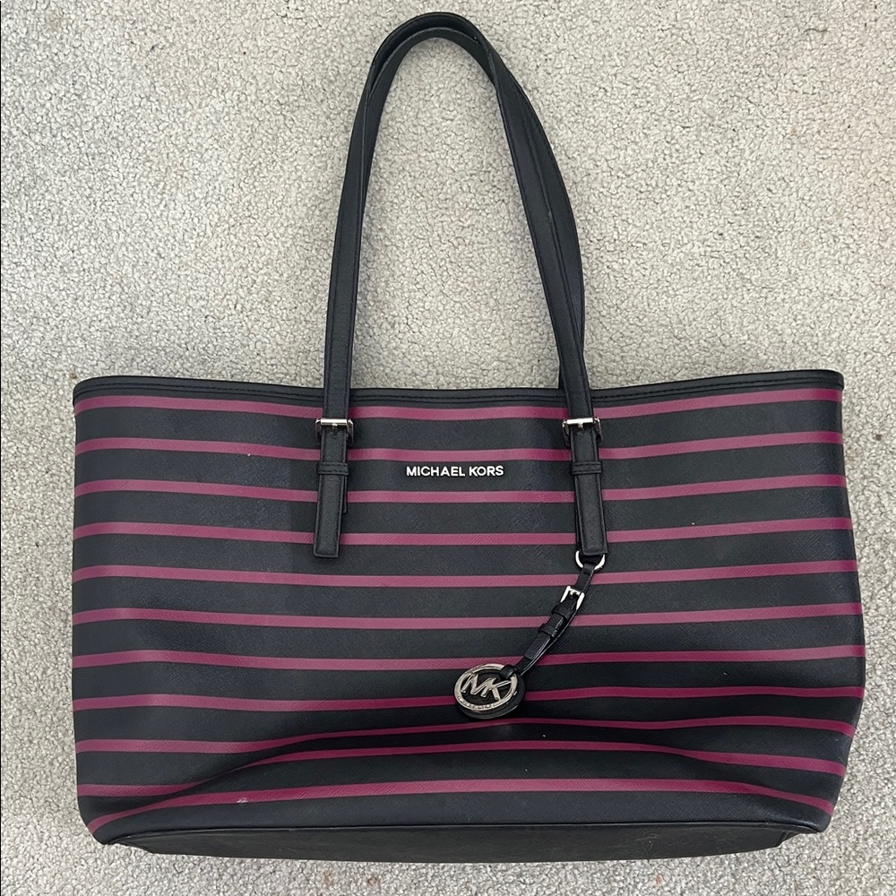 Michael Kors Black and Pink Striped Tote